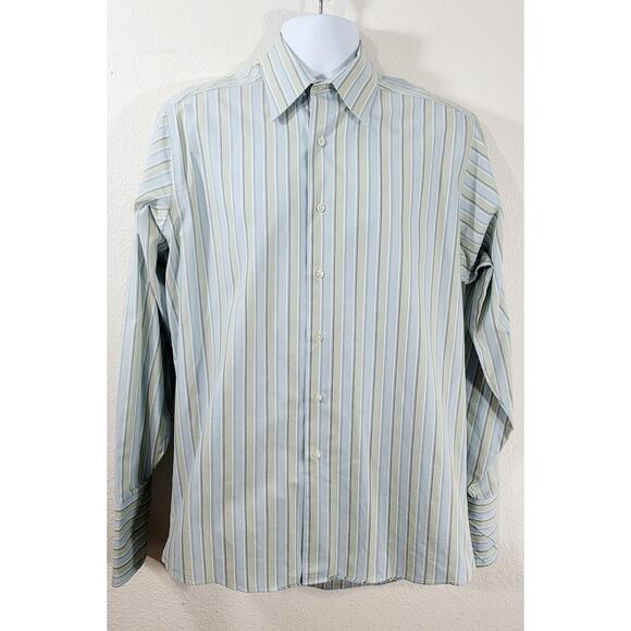 Geoffrey Beene Green Blue Striped Button Up Collar Shirt Medium 15 15.5 34 35 - Picture 1 of 7